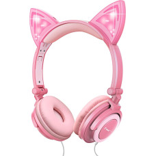 esonstyle Kids Headphones with Luminous Cat Ears, Safe Wired, 85dB Volume Limit, Food Grade Silicone, 3.5mm AUX Jack, Cat Inspired, Pink Headphones for Girls