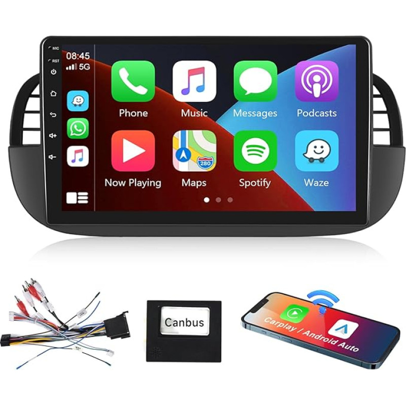 Podofo Carplay Car Radio for Fiat 500 2007-2015, 9 Inch Touchscreen Car Radio (Matte Black) 2G + 64G with Wireless Carplay Android Car, Bluetooth/GPS/WiFi/FM/RDS/SWC/HiFi/USB+Reversing Camera