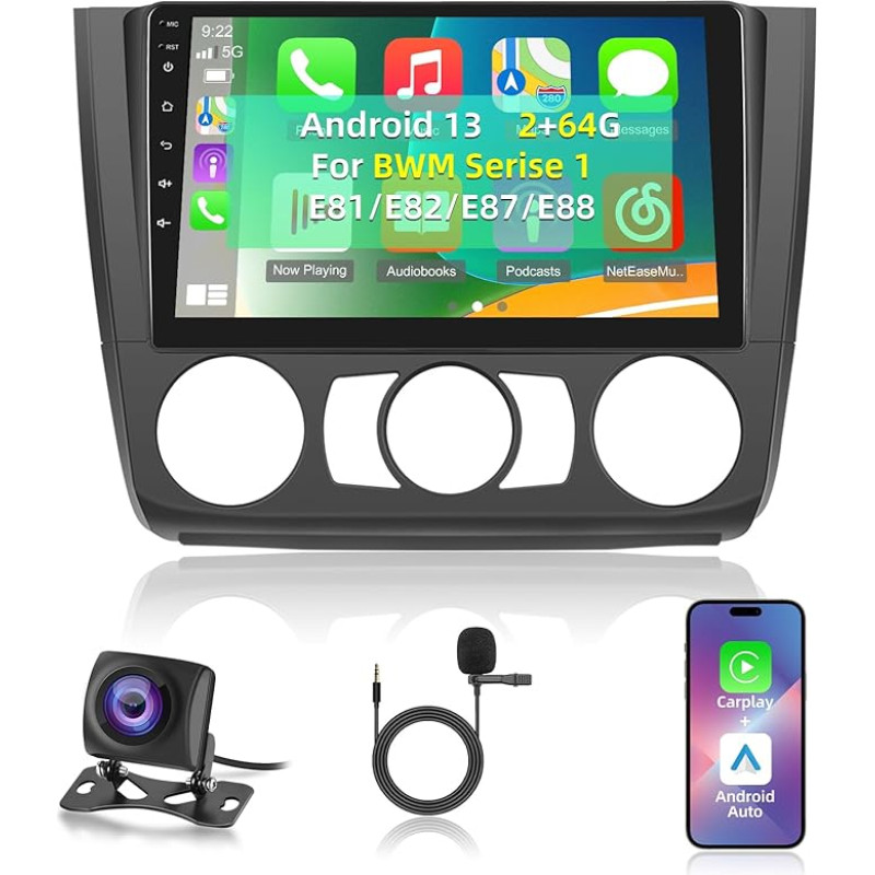 2+64G Android Car Radio for BMW Series 1 E81 E82 E87 E88 2005-2011 with Wireless Carplay and Android Car - 9 Inch Touchscreen Radio with WiFi GPS EQ 28 Desktop Themes + AHD Rear View Camera & Mic