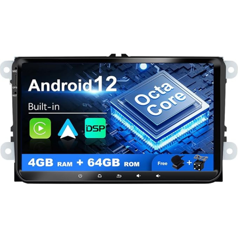 SXAUTO Android 12 Car Radio for Passat/Golf/Skoda/Seat/Jetta - Built-in Carplay/Android Car - LED Camera + Mic - 4G + 64G - DAB 360-CAM Steering Wheel Control Fast-Boot WiFi Bluetooth AHD - 2 DIN IPS