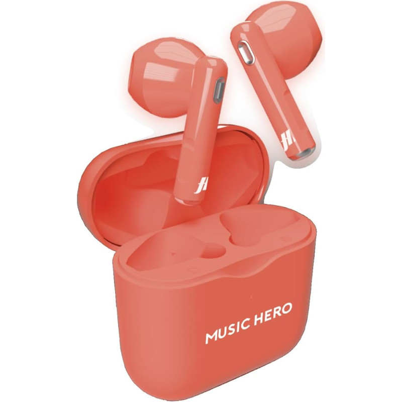 Music Hero Wireless Earbuds, Neon True Wireless Stereo (TWS) Technology, 180mAh Charger, Touch Controls, Built-in Microphone, Semi In-Ear Red