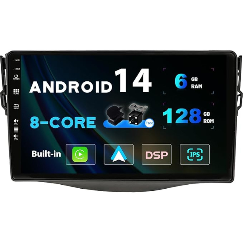 SXAUTO Android 14-6G + 128G IPS Car Radio Suitable for Toyota RAV4 (2007-2012) - Wireless Carplay/Android Car/DSP - LED Camera + MIC - DAB Steering Wheel Control AHD WiFi Fast Boot 360 Camera - 2 DIN