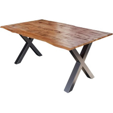 SAM Dora valgomojo stalas 140 x 80 cm, lakuotas natūralios spalvos mangmedžio masyvo stalas su sidabriniu X-metalo rėmu, 26 mm storio tikros medienos lazdele