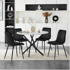 TUKAILAi Dining Table and 4 Chairs 100cm Round Wood Marble Veneer Table and Velvet Upholstered Chairs with Sturdy Metal Legs 4 Seater Kitchen Table Chairs for Home Dining Room