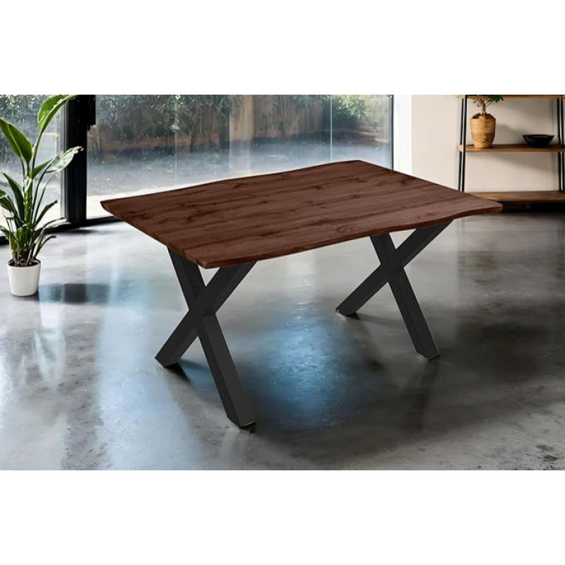 SAM Josy valgomojo stalas | 160 x 85 cm | Riešutmedžio išvaizda | X-rėmo metalinis juodos spalvos | 40 mm stalviršis su medžio kraštu | Stalas valgomajam ir virtuvei