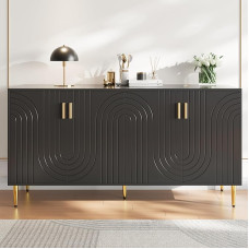 Black Sideboard (152 x 40 x 75 cm) with Unique Wave Design and Gold Handles and Feet that Creates an Elegant Dining Area (Black, 152 x 40 x 75 cm)