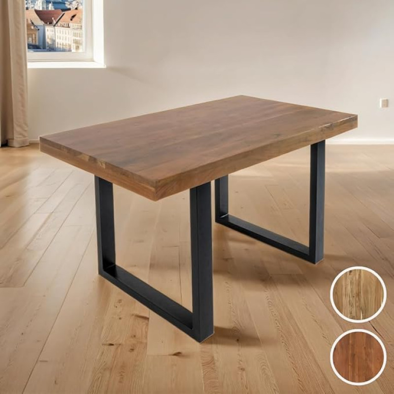 SAM Rio valgomojo stalas 140 x 80 cm Riešutmedžio spalvos akacijos medžio masyvo metalinis U formos rėmas juodi tiesūs kraštai