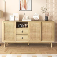 Staliukas su 3 stumdomomis durimis iš tikro rotango ir 2 stalčiais, kvėpuojantis, stabilus ir patvarus, kelios lentynos, 155 x 38 x 80 cm (medžio spalva)