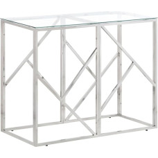 Homvdxl Konsolinis stalas 90 x 40 cm, siauras įėjimo stalas gyvenamajame kambaryje, pramoninis sofos stalas su stikliniu stalviršiu ir plieniniu rėmu prieškambaryje, koridoriuje, sidabrinis + permatomas
