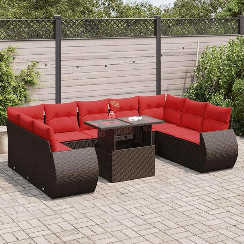 Rantry 10-TLG. Garten-Sofagarnitur mit Kissen Braun Poly Rattan Akazie Gartenlounge Modelis3326705