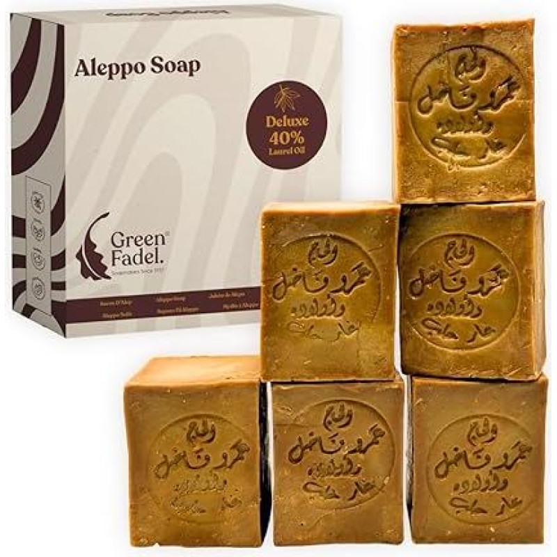GREEN FADEL Aleppo originalus muilas 6 x 200 g (prabangus) 40 % lauro aliejaus, 60 % alyvuogių aliejaus, alyvuogių aliejaus muilas, pagrindinis muilas, natūralus muilas, rankų darbo, veganiškas