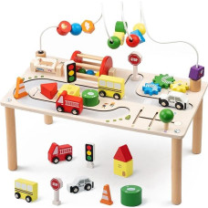 FMSKS 7-in-1 veiklos stalas Medinis žaidimų stalas Kūdikių motorinių įgūdžių žaislas su formų rūšiuokle, motorinių įgūdžių stalas Montessori nuo 3 metų, gimtadienio dovanos berniukams ir mergaitėms nuo 36 mėnesių