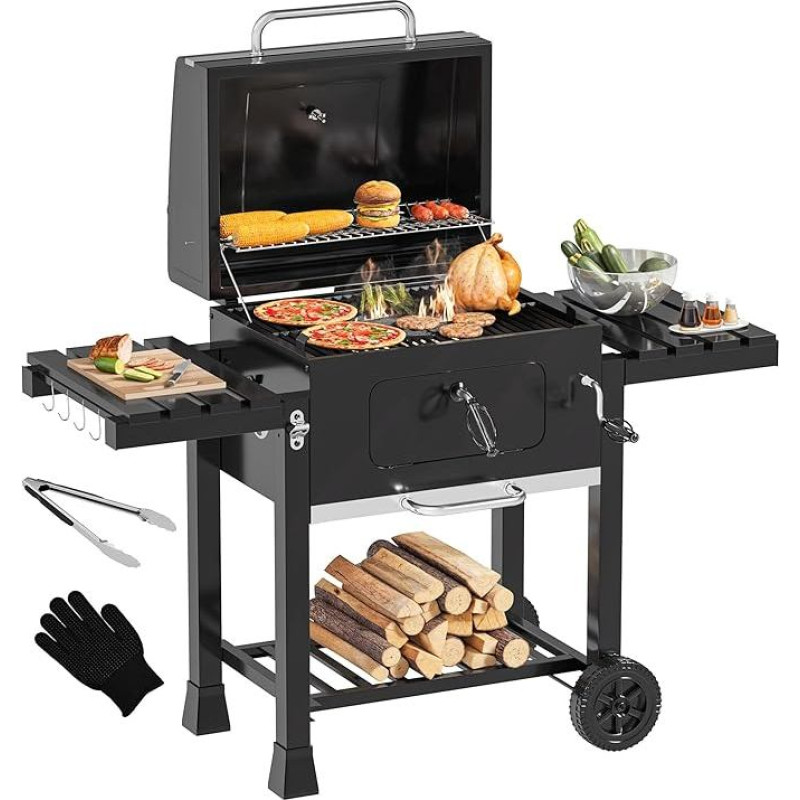 YITAHOME XXL Barbekiu vežimėlis rūkyklėlė su ketaus grotelėmis ir emaliuota keptuve - mobilioji BBQ kepsninė sodui, stovyklavietei, lauko kepsninei - su termometru, virtuvės žnyplėmis, grilio pirštine, tvirta