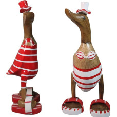 ART-CRAFT 2 x Wooden Duck Running Duck Garden Decoration Figure Made of Bamboo Root and Teak Wood Red Bikini Pair Hand-Painted 25 cm High