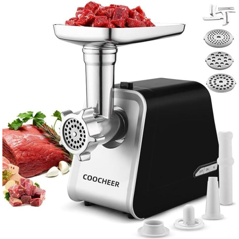 Elektrinė mėsmalė 2000 W su 3 metaliniais perforuotais diskais, KEBBE priedu ir sausainių priedu, dešrelių užpildymo įtaisu, mėsos ir dešrelių virtuvinis kombainas 