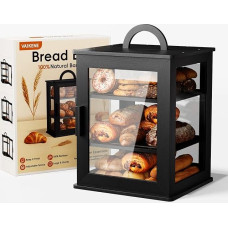 VA1KENE Black 3-Tier Bread Bin for Kitchen Worktop - Large Capacity Bamboo Bread Storage with Acrylic Viewing Field, Adjustable Shelves & Carry Handle