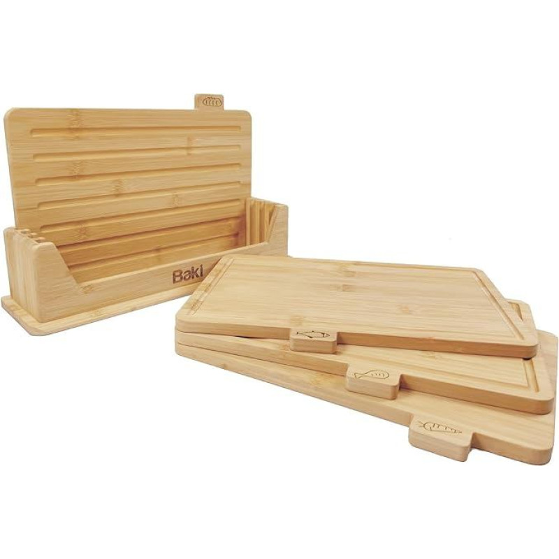 Baki Premium Bambus-Schneidebrett-Set, perfekt für Brot, Fisch, Fleisch und Gemüse, mit Gestell, 1,2 cm Brettstärke, 4 Stück