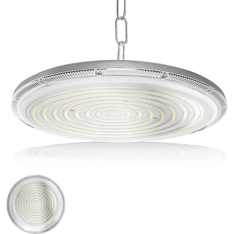 JBdusn 300 W UFO LED High Bay šviesa, 6500 K dirbtuvių lubų lempa, pramoninė lempa su grandine, IP65 vandeniui atsparus salės prožektorius, dirbtuvių lempa, dirbtuvių lubų šviesa gamykloms, garažams, sandėliams