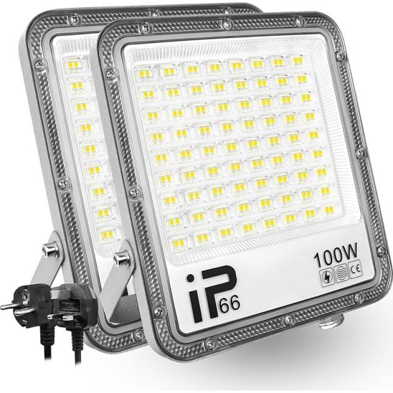 PICAA 100W LED lauko apšvietimas, 10000LM 6500K IP65 vandeniui atsparus apsauginis apšvietimas su kištuku - idealiai tinka įėjimo durims, sandėliui, automobilių stovėjimo aikštelei, kiemui, keliui (2 vnt.)