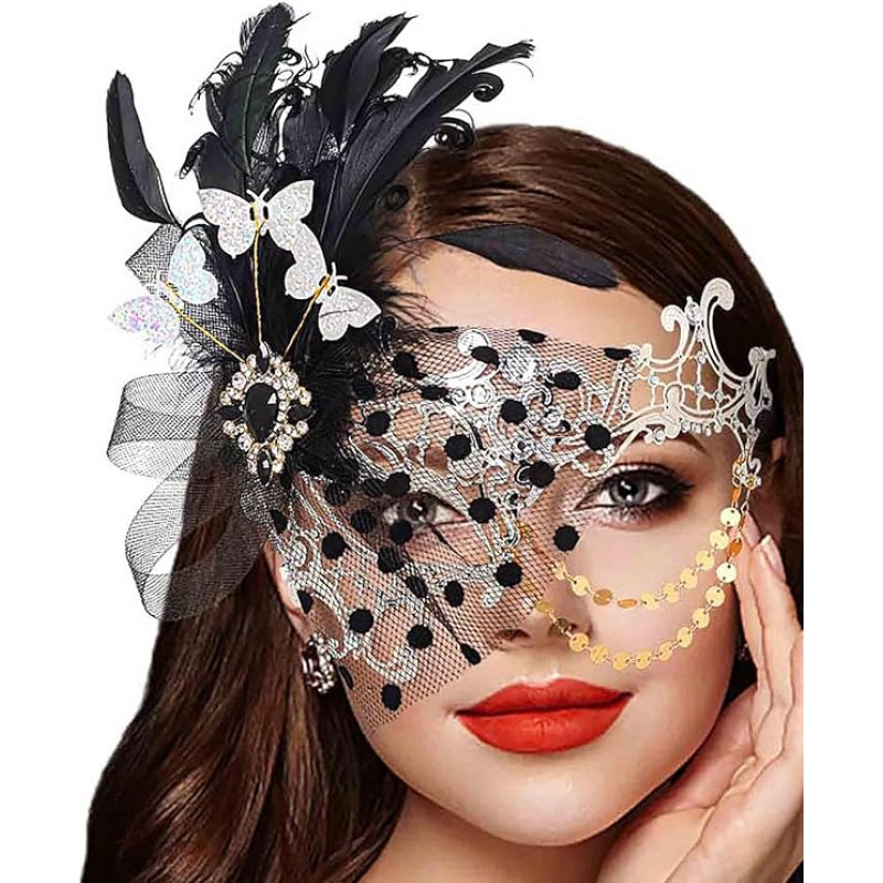 IYOU Moterų maskarado kaukė Plunksnų kaukė Sidabro karnavalo kaukės Venecijos Prom kostiumas Kamuolys Metalinė akių kaukė moterims ir mergaitėms