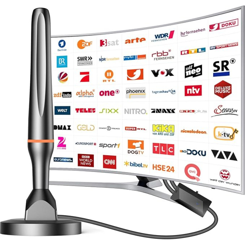DVBT2 antena, patalpų antenos DVB-T ir DVB-T2 antenos su stiprintuvu, didelio nuotolio ir 360° priėmimo diapazono, patalpų antena televizoriams su stipriu magnetiniu pagrindu, tinka 4K 1080p ir visiems televizoriams