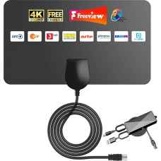 DVB-T2 antena su signalo stiprintuvu - itin plona vidinė folijos antena 4K/HD priėmimui, montuojama ant sienos, maitinama iš USB, 360° diapazonas iki 250 km, pridedamas 5 m koaksialinis kabelis