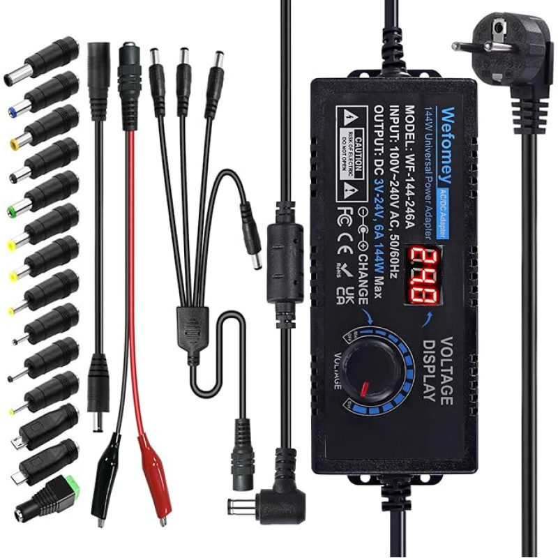 3V-24V 6A 144W reguliuojamas maitinimo šaltinis Universalus maitinimo šaltinio adapteris Reguliuojamas maitinimo adapteris 100V-240V kintamosios srovės į nuolatinę srovę su LED įtampos ekranu ir 14 antgalių, skirtas buitinei elektronikai, 6000 mA maks.