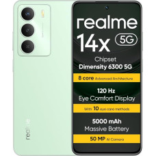 realme 14X 5G išmanusis telefonas, 6+128GB, 6300 5G, 120Hz ekranas, karinio lygio atsparumas smūgiams, 50MP dirbtinio intelekto fotoaparatas, 5000mAh ilgaamžė baterija, žalias