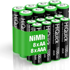 HiQuick Pack of 16 AA AAA Rechargeable Batteries NI-MH 1.2 V, 8 x AA 2800 mAh Batteries and 8 x AAA 1100 mAh Batteries, Low Self-Discharge 1200 Tech Mignon Battery