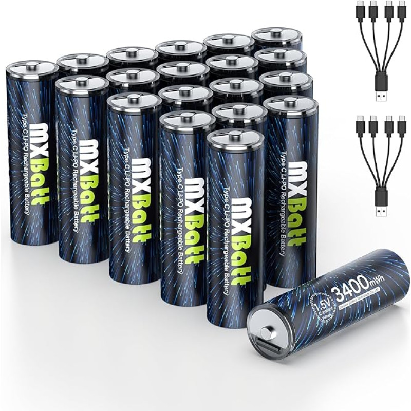 MXBatt AA ličio įkraunamos baterijos, AA USB C 1,5 V, 3400 mWh, didelės talpos, įkraunama baterija, ličio, 20 vnt., su USB C prievado kabeliu, 1500 ciklų