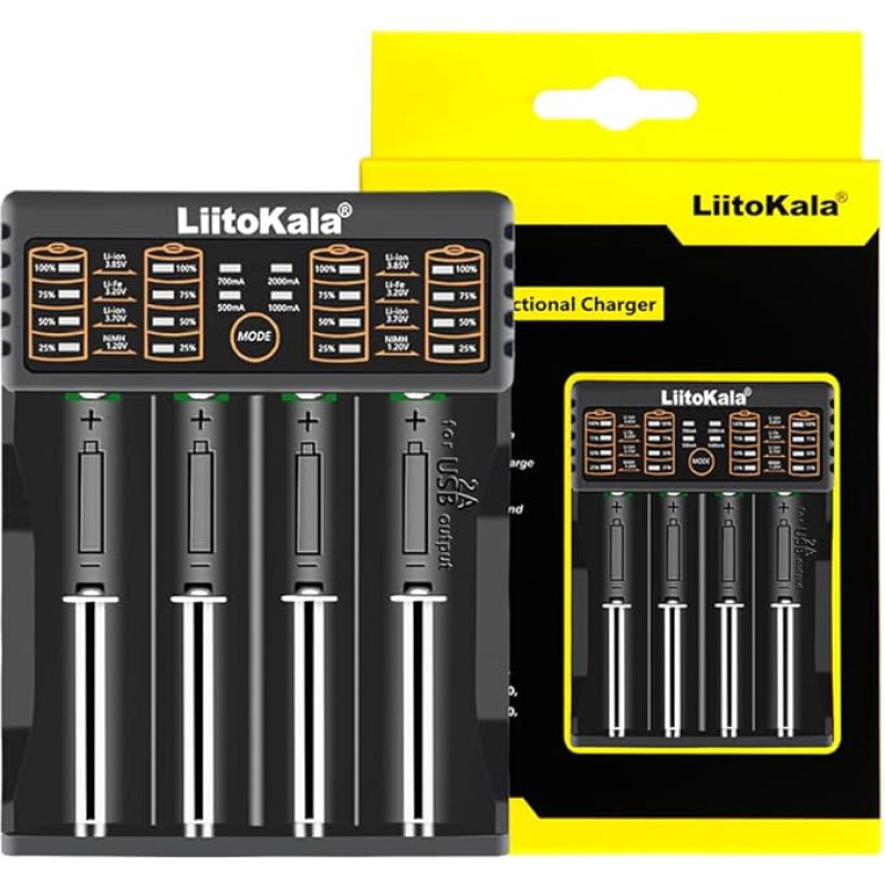 18650 baterijų įkroviklis, LiitoKala Lii-402 baterijų įkroviklis su 4 lizdais, baterijų įkroviklis palaiko USB išvestį 26650 17500 10440 Li-Lion baterijoms, NI-MH/NI-Cd AA AAA