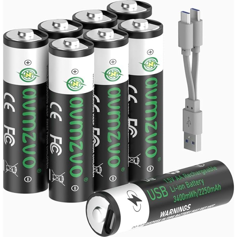 avmzvo AA baterijos, 3400 mWh, įkraunamos LR6 USB-C ličio baterijos su 2-in-1 USB-C įkrovimo kabeliu, 1,5 V, 2-3 val. greitas įkrovimas, 8 pakuotės