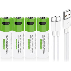 USB AA ličio jonų įkraunamos baterijos, 1,5 V 2600 mWh įkraunamos AA baterijos, 1 val. greito įkrovimo, 1200 ciklų su C tipo įkrovimo kabeliu, apsauga nuo perkrovimo, 4 vnt.