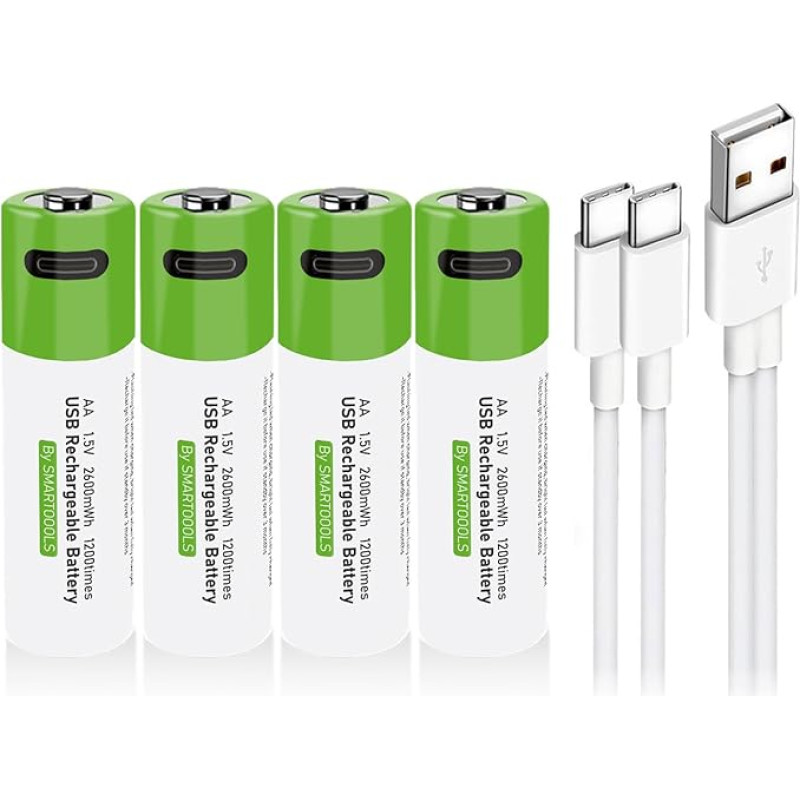 USB AA ličio jonų įkraunamos baterijos, 1,5 V 2600 mWh įkraunamos AA baterijos, 1 val. greito įkrovimo, 1200 ciklų su C tipo įkrovimo kabeliu, apsauga nuo perkrovimo, 4 vnt.
