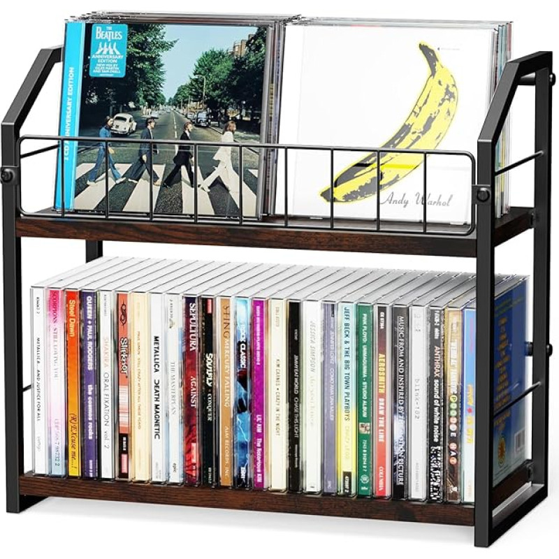 TJ.MOREE 2 sluoksnių plokštelių lentyna, 56 talpos plokštelių laikymo vieta / CD laikiklis / plokštelių stovas, pramoninis retro anglinis plienas / medis, taupantis vietą staliniame kompiuteryje