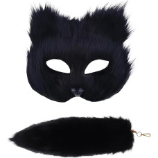XPJBKC Katzenmaske und Therianschwanz Set, Pelzkostüm mit Fuchsmaske und Fuchsschwanz Schlüsselanhänger, Halbgesichtsmaskerade MaSK Tier Cosplay für Halloween Karneval Cosplay Party Zubehör