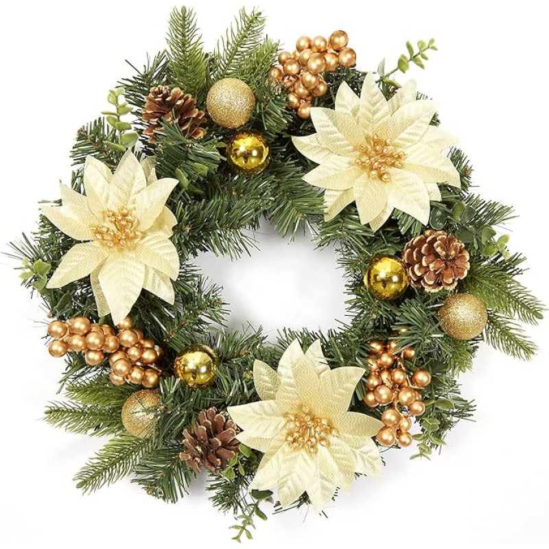 Kalėdų vainikas, 40 cm, kalėdinis durų vainikas, kalėdinės puokštės, kalėdinės gėlės, uogos ir pušų kankorėžiai langams, lauko durims, židiniui ir sienoms dekoruoti, aukso spalvos