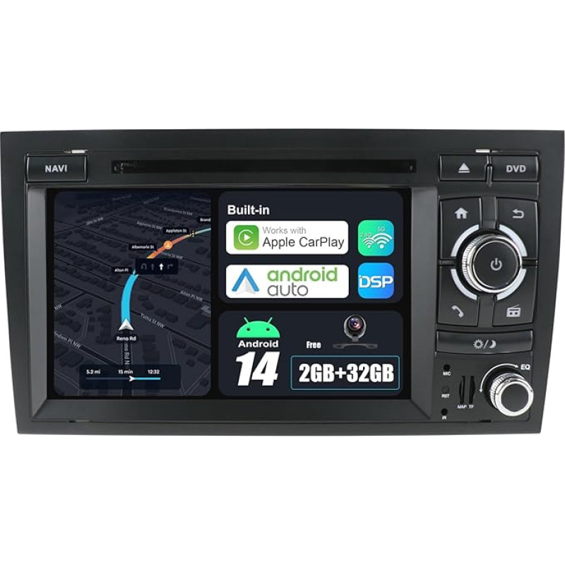 JOYX Android 12 IPS Double DIN automobilinis radijas tinka A4 (2003-2011) Integruota Carplay Android automobilinė atbulinės eigos kamera MIC Nemokama 2G + 32G vairo valdymas 4G WiFi DAB Mirrorlink Fast Boot BT