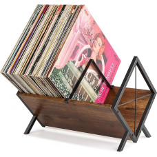 PUERSI Įrašų saugykla, 80 LP plokštelių stovas, 1 aukšto vinilo lentyna su reguliuojama pertvara, vinilo plokštelių priedai, CD, albumų, žurnalų, knygų organizatorius - rudos spalvos