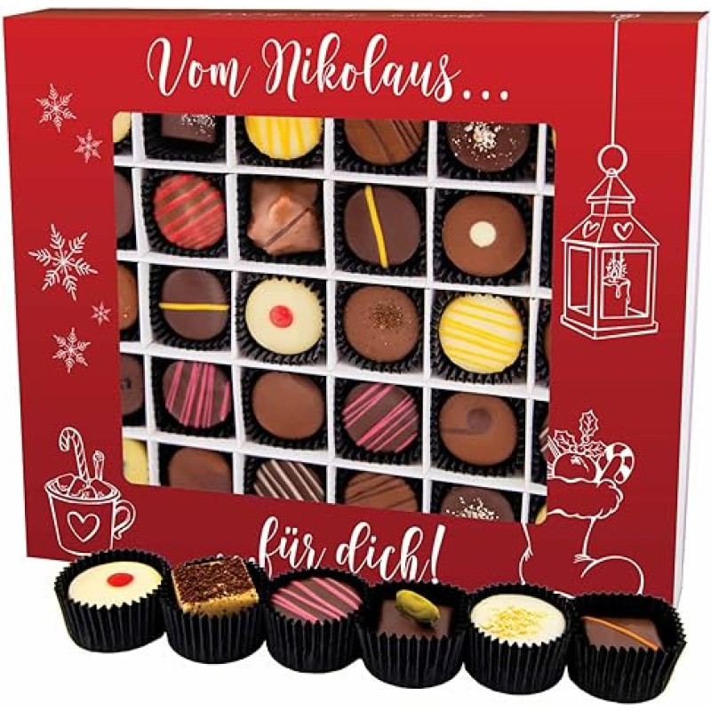 Hallingers Vom Nikolaus für Dich XXL - Manufaktūros šokoladiniai saldainiai Kalėdų dovana, rankų darbo, iš dalies su alkoholiu, iš kokybiško kakavos šokolado (dėžutė) - dovana vasarą ir kaip puiki grilio dovana | Glückwuns