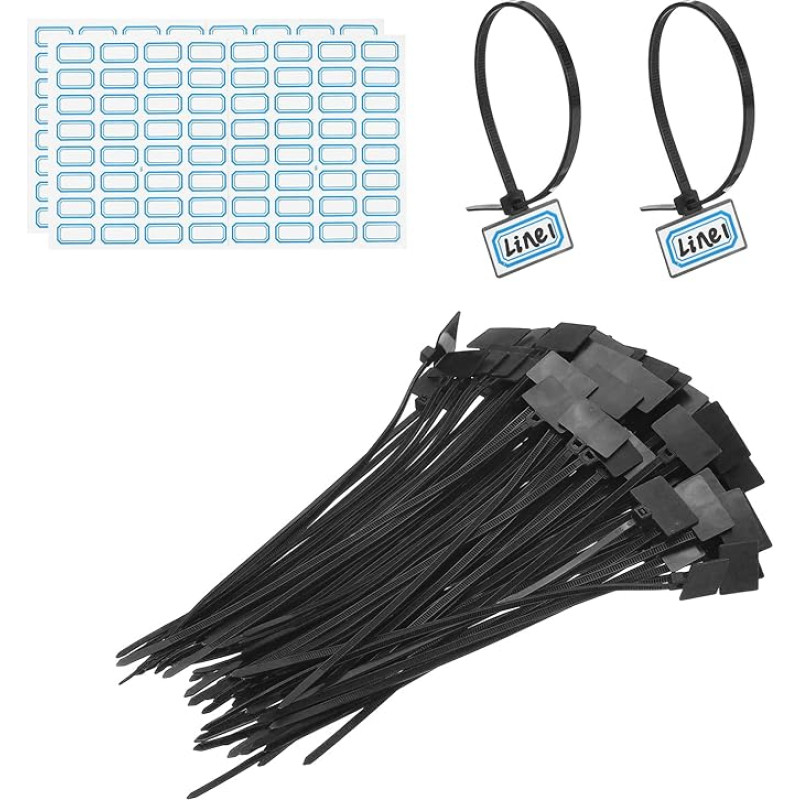 PATIKIL 8 colių kabelių kaklaraiščiai, 100 kabelių kaklaraiščių etikečių pakuotė Nailono laidų žymėjimo etiketės Self Lacing Plastikinės juostos, kurias galima rašyti su etikečių popieriumi, skirtos kabeliams organizuoti, juodos spalvos