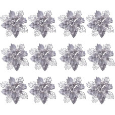 NUOBESTY Pack of 12 Artificial Christmas Flowers Hollow Glitter Poinsettia Flowers Christmas Tree Flowers Decoration DIY Christmas Wreaths Silver