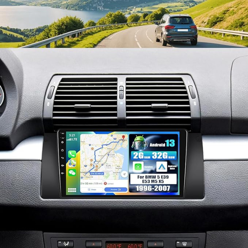 SIXWIN 2+32G Android 13 automobilinis radijas BMW 5 E39 E53 M5 X5 (1996-2007) su Carplay/Android Car, 9 colių talpinis jutiklinis ekranas su WiFi GPS Bluetooth FM/RDS USB Mirrorlink + Canbus + galinio vaizdo kamera