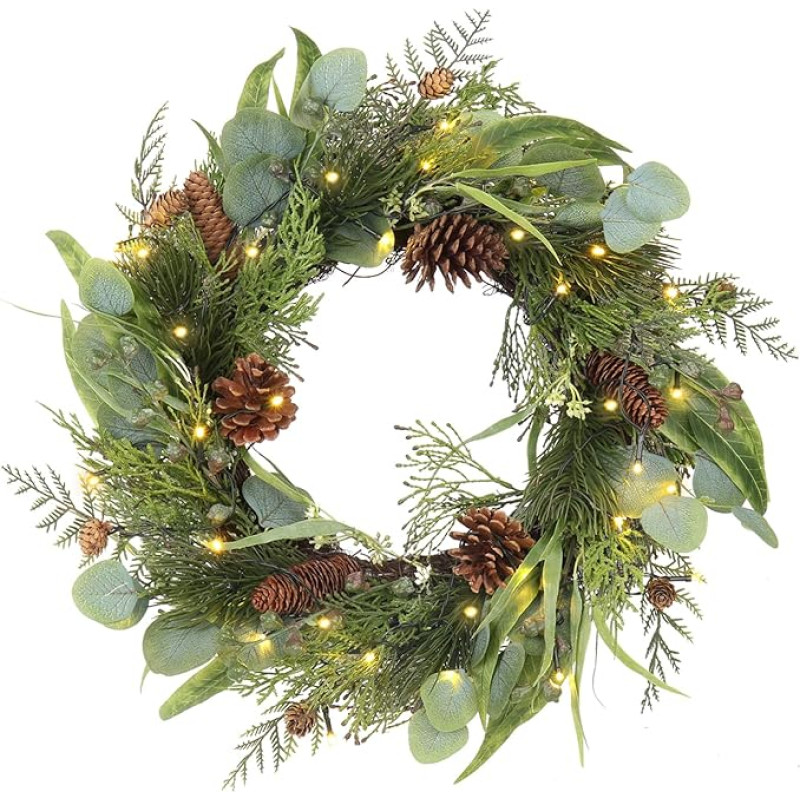 Kalėdų vainikas priekinėms durims 45 cm dirbtinis kalėdinis vainikas dekoracijos su 30 LED žiburiai Pušų spurgai Eukaliptų lapai apšviesti ornamentai sienos namų apdaila