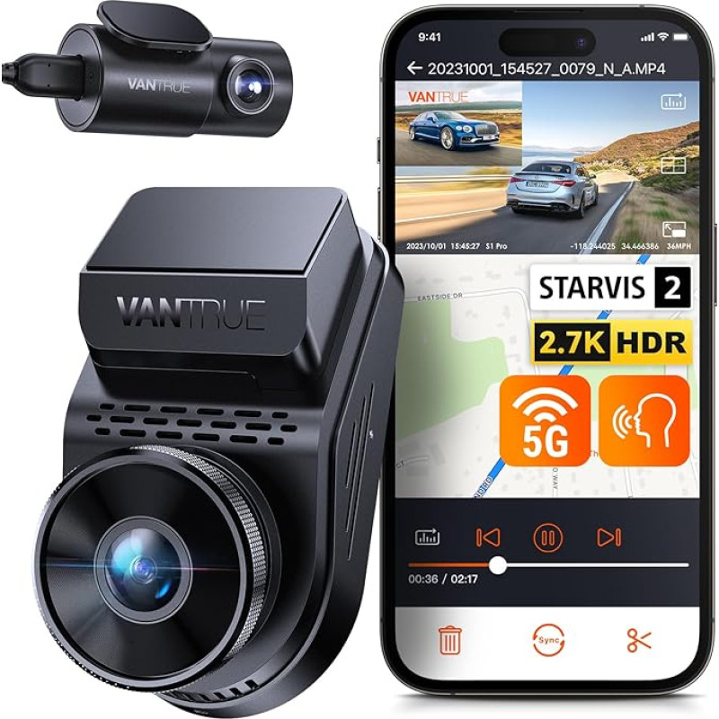 VANTRUE S1 Pro 2.5K 60FPS dvigubos paslėptos prietaisų kameros su WiFi, STARVIS 2 HDR naktinis matymas, prietaisų kameros automobilio priekyje ir gale, prietaisų kameros valdymas balsu, įmontuotas GPS, 24 valandų buferio stovėjimo režimas, maksimalus 512G