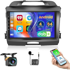 Roinvou 4+64G DAB/DAB+ automobilinis radijas Kia Sportage 2010-2016 Android15 su belaidžiu Carplay Android automobilinis 9 colių jutiklinio ekrano radijas su Mirror Link GPS Bluetooth WiFi FM/RDS HiFi SWC atbulinės eigos kamera
