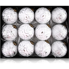 Derliaus kalėdiniai ornamentai eglutės papuošimams - kaimiški kalėdiniai rutuliniai ornamentai Sidabriniai balti vidaus kalėdiniai papuošimai 80 mm, 12 vnt.