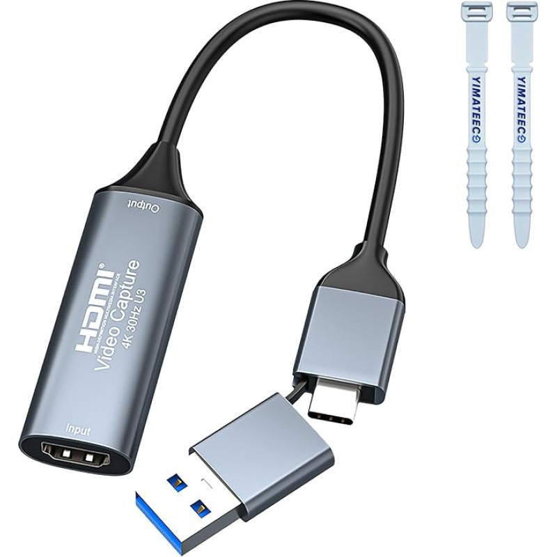 YIMATEECO USB 3.0 HDMI į USB C garso įrašymo kortelė, 4K 1080P HDMI įrašymo kortelė su C tipo adapterio įrenginiais, skirta žaidimų tiesioginiam perdavimui, vaizdo įrašymui, suderinama su 