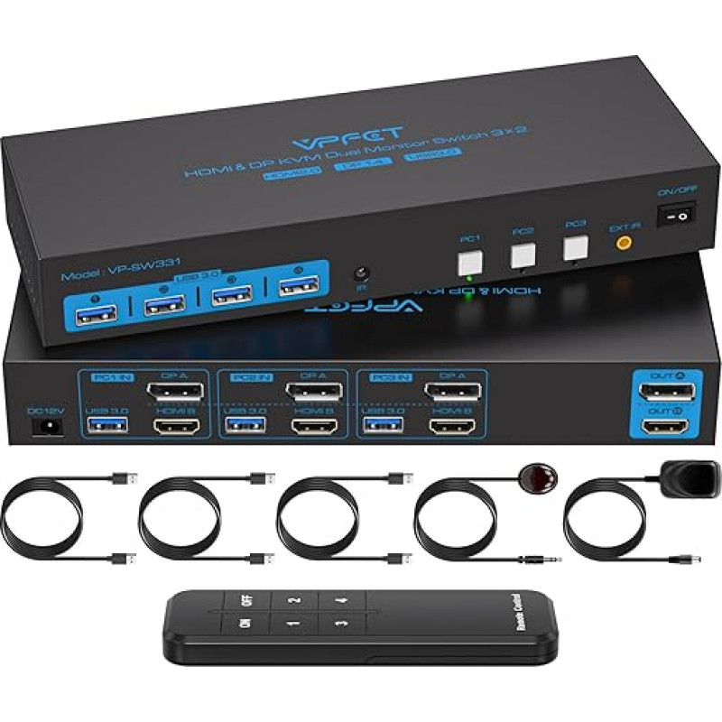CMSTEDCD KVM jungiklis HDMI + Display Port 2 monitoriai 3 kompiuteriai 4K@60Hz, skirtas 3 kompiuteriams dalytis dviem monitoriais ir 4 USB 3.0 įrenginiais bei 3 USB 3.0 kabeliais
