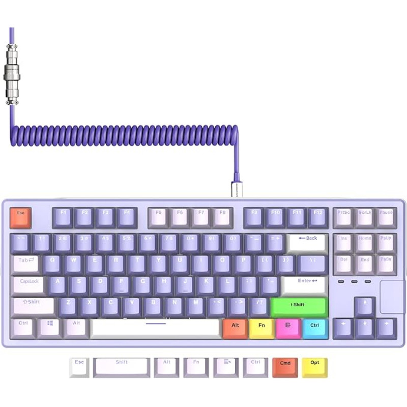 AK873PRO-XINMENG X87 75 % laidinė žaidimų klaviatūra, iš anksto sutepta TKL 80 % mechaninė klaviatūra, šviečianti QWERTY spalvų PBT klavišų dangtelis 87 Anti-Ghosting, spiralinis USB-C kabelis, skirtas PC/Mac - violetinė